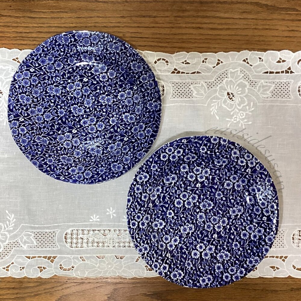 PAIR Staffordshire BLUE CALICO Dinner Plates stamped Burleigh England